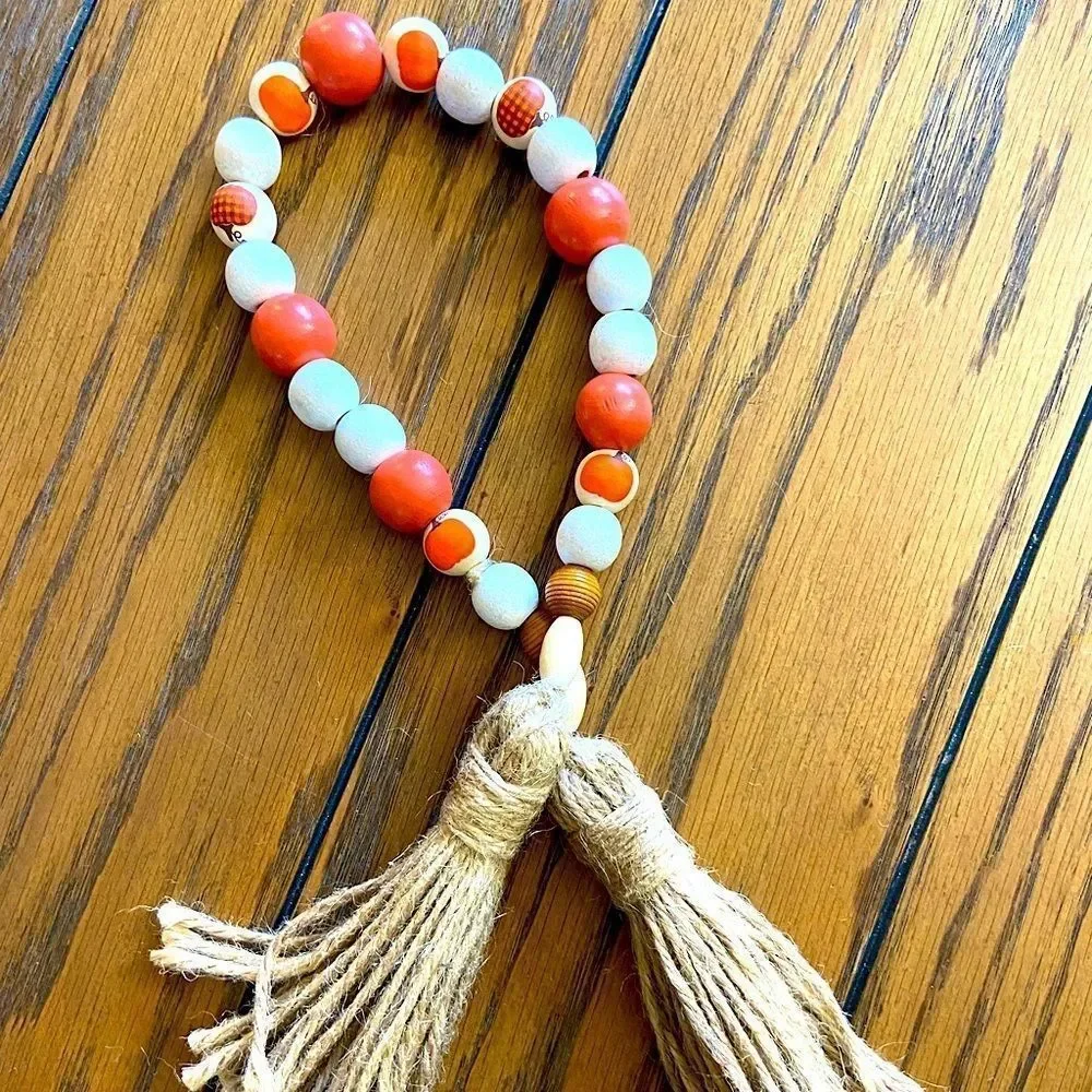 NEW Wood Bead Garland with Plaid Tassels